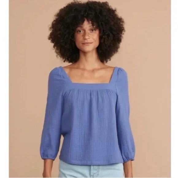 Marine Layer Tops - Marine Layer Annabella Square Neck Top Blue Marlin Crinkle Puff Sleeve Sz XS